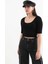 Yarım Kol Fitilli Crop Top Siyah 5