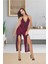 Kadın Zebra Desen Bordo Dantelli Askılı Tulum Gecelik Pijama Gecelik - G-5029 1