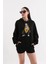 Siyah Baskılı Kapüşonlu Oversize Sweatshirt M 4