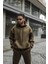 Erkek Haki Kapşonlu 3 Iplik Kanguru Cep Puf Sweatshirt 2