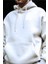 Erkek Beyaz Kapşonlu 3 Iplik Kanguru Cep Puf Sweatshirt 2