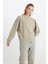 Relaxed Fit Geniş Kesim Bisiklet Yaka %100 Pamuk Haki Sweatshirt 1