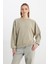 Relaxed Fit Geniş Kesim Bisiklet Yaka %100 Pamuk Haki Sweatshirt 4