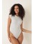 Gri Melanj Fitilli Görünümlü Bisiklet Yaka Kısa Kollu Çıtçıtlı Bodysuit- 2409 2