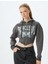 Crop Sweatshirt Fermuarlı Kapüşonlu Korse Detaylı Baskılı Slim Fit Şardonlu 3