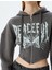 Crop Sweatshirt Fermuarlı Kapüşonlu Korse Detaylı Baskılı Slim Fit Şardonlu 5