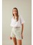Cropped Fit Gömlek Yaka Keten Karışımlı Kısa Kollu Bluz C6812AX24SM 2
