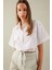 Cropped Fit Gömlek Yaka Keten Karışımlı Kısa Kollu Bluz C6812AX24SM 3