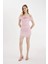 Bodycon Vücudu Saran Omuzu Açık Drapeli Pembe Tül Mini Elbise C8966AX24SM 1