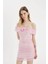 Bodycon Vücudu Saran Omuzu Açık Drapeli Pembe Tül Mini Elbise C8966AX24SM 4