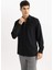 Modern Fit Polo Yaka Basic Düz Krinkıl Uzun Kollu Siyah Gömlek B7384AX24SP 4