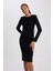 Bodycon Bisiklet Yaka Fitilli Kaşkorse Midi Uzun Kollu Elbise 2