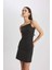 Bodycon Vücudu Saran Kare Yaka Askılı Mini Siyah Elbise B9711AX23WN 4