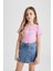 Kız Çocuk Slim Fit Dar Kesim Bisiklet Yaka Baskılı Fitilli Kaşkorse Kısa Kollu Tişört B6689A824SM 1