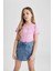 Kız Çocuk Slim Fit Dar Kesim Bisiklet Yaka Baskılı Fitilli Kaşkorse Kısa Kollu Tişört B6689A824SM 3
