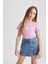 Kız Çocuk Slim Fit Dar Kesim Bisiklet Yaka Baskılı Fitilli Kaşkorse Kısa Kollu Tişört B6689A824SM 4