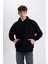 Siyah Oversize Geniş Kalıp Kapüşonlu Kanguru Cepli İçi Yumuşak Tüylü Basic Düz Sweatshirt Y1237AZ23AU 4