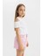 Kız Çocuk Slim Fit Dar Kesim Bisiklet Yaka Basic Düz Ribana Kısa Kollu Tişört C9714A824HS 5