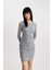 Bodycon Vücudu Saran Basic Düz Bisiklet Yaka Tül Uzun Kollu Mini Elbise B9699AX23WN 4