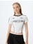 Crop Tişört Slogan Baskılı Biyeli Bisiklet Yaka Kısa Kollu Pamuklu Slim Fit 2