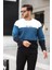 Beyaz Petrol Lacivert Üç Renk Blok Parçalı Sıfır Yaka Üç iplik Regular Fit Sweatshirt- 2436 1