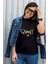 Queen Yazılı Yıldız Tasarım Baskılı Oversize Unisex Siyah T-Shirt 2
