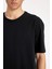 Boxy Fit Bisiklet Yaka Basic Düz Kısa Kollu Siyah Tişört D7415AX24HS 5