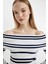Slim Fit Dar Kesim Çizgili Açık Omuz Triko Kazak C8914AX24WN 4