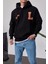 L Harf Baskılı Siyah Kapüşonlu Sweatshirt 2