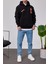 L Harf Baskılı Siyah Kapüşonlu Sweatshirt 4
