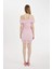 Bodycon Vücudu Saran Omuzu Açık Drapeli Pembe Tül Mini Elbise C8966AX24SM 6