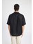 %100 Keten Relax Fit Polo Yaka Yazlık Basic Düz Kısa Kollu Siyah Gömlek B6687AX24SP 6