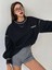 Kadın Mod 1984 Baskılı Bol Kesimli Reglan Kollu Kapüşonlu Lacivert Sweatshirt 2