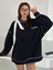 Kadın Mod 1984 Baskılı Bol Kesimli Reglan Kollu Kapüşonlu Lacivert Sweatshirt 3