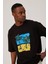 Önü Palmiye Ağaç Baskılı Siyah Tshirt 4