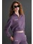Shanell Kadın Organik Pamuklu Içi Şardonlu Nakış Detaylı Polo V Yaka Örme Crop Mor Sweatshirt 1