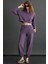 Shanell Kadın Organik Pamuklu Içi Şardonlu Nakış Detaylı Polo V Yaka Örme Crop Mor Sweatshirt 2