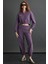 Shanell Kadın Organik Pamuklu Içi Şardonlu Nakış Detaylı Polo V Yaka Örme Crop Mor Sweatshirt 3