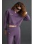 Shanell Kadın Organik Pamuklu Içi Şardonlu Nakış Detaylı Polo V Yaka Örme Crop Mor Sweatshirt 4