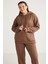 Lenkabb Kadın İçi Polarlı Comfort Fit Beli ve Paçası Lastikli Kahverengi Eşofman Altı 2