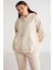 Terezabb Kadın İçi Polarlı Yumuşacık Comfort Fit Kapüşonlu Kanguru Cep Bej Büyük Beden Sweatshirt 5