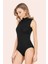 Boğazlı Japone Kol Likralı Çıtçıtlı Kadın Siyah Body Atlet 1