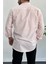 Erkek Slim Fit Keten Görünümlü Pamuklu Gömlek Pembe Edw087 3