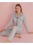 Kadın Çizgili Beyaz Düğmeli Pamuklu Gömlek Yaka Uzun Kollu Pijama Takımı 1