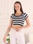 Kadın Bisiklet Yaka Siyah Çizgili Basic Crop T-Shirt 1