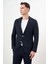 Erkek Lacivert Poliviskon Trend Çizgili Desen Slim Fit Mono Yaka Takım Elbise 3