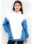 Kadın Kapüşonlu Oversize Beyaz Sweatshirt Mavi Garnili Üç İplik Yan Cepli Hoodie - 2598 1