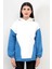 Kadın Kapüşonlu Oversize Beyaz Sweatshirt Mavi Garnili Üç İplik Yan Cepli Hoodie - 2598 2