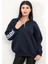 Kadın Oversize Sweatshirt Sırtı Şerit Detaylı Üç İplik Yarım Fermuar Dik Yaka Lacivert - 25113 4