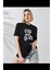 Unisex Bisiklet Yaka Baskılı T-Shirt - Siyah 1